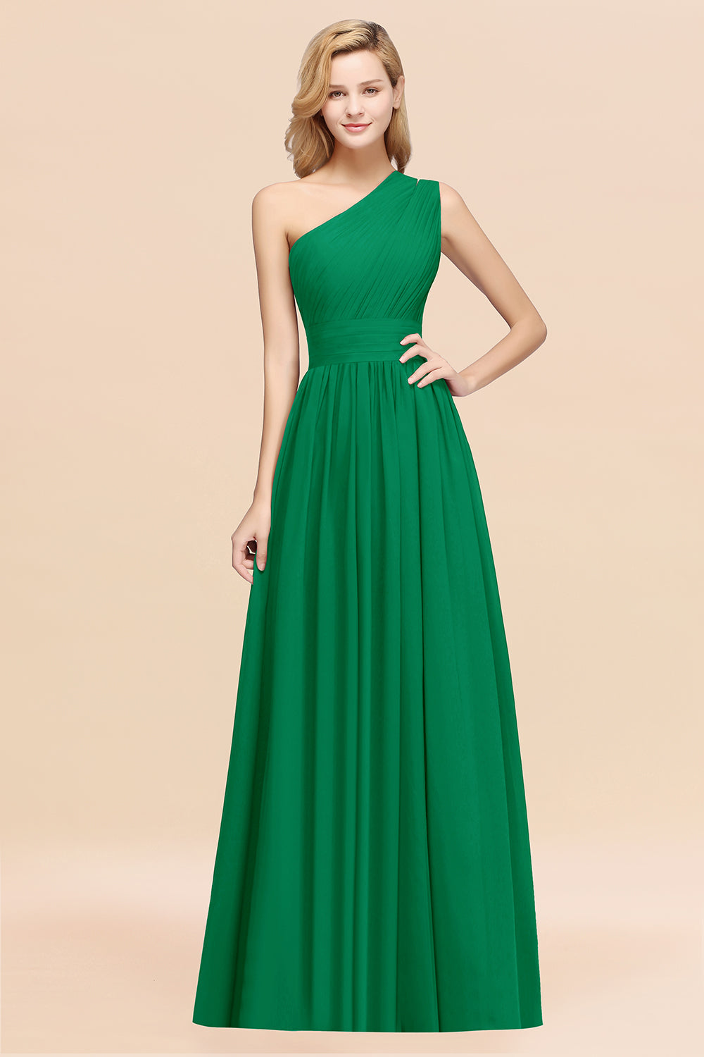 Green One Shoulder Chiffon A-Line Long Bridesmaid Dress