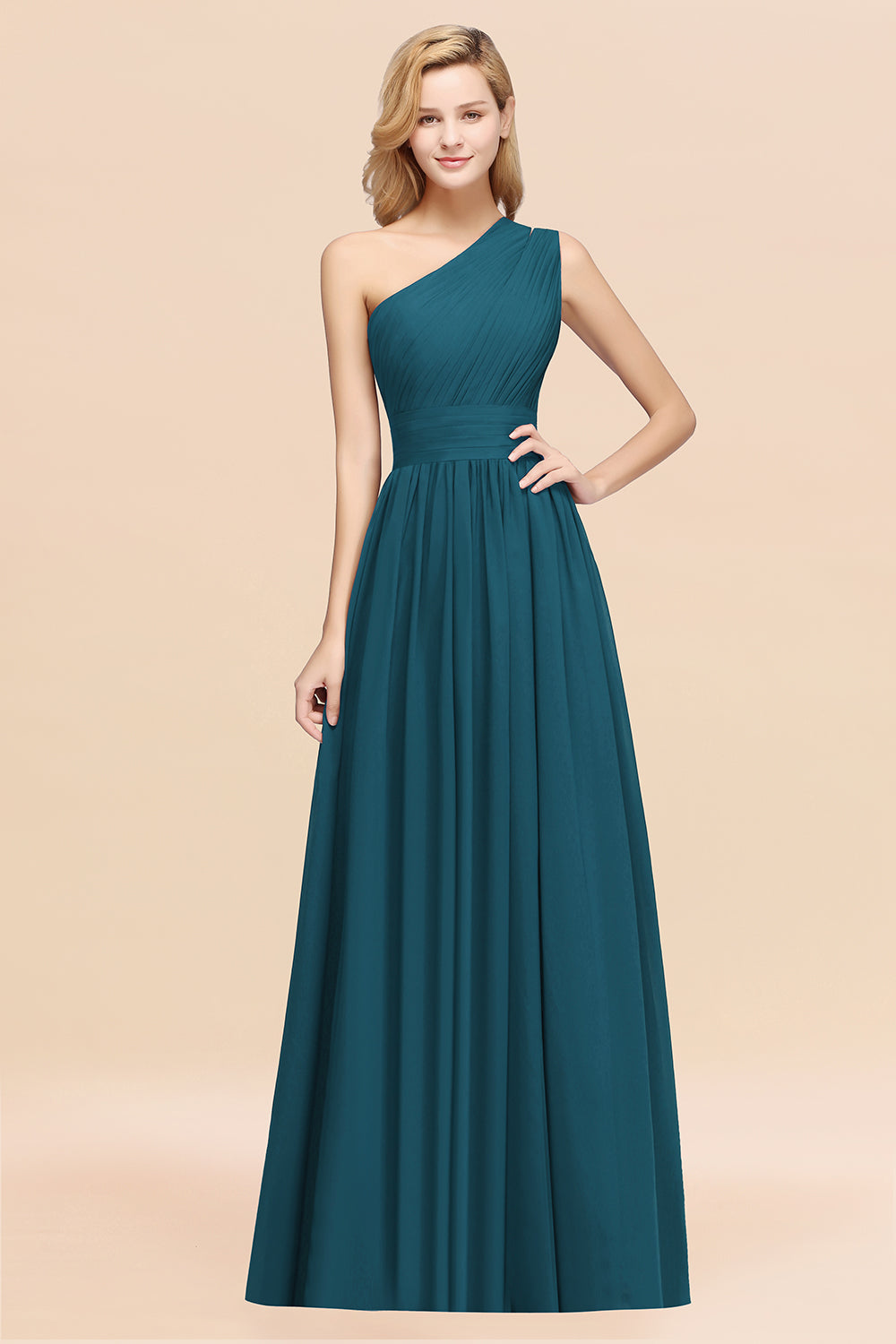 Green One Shoulder Chiffon A-Line Long Bridesmaid Dress
