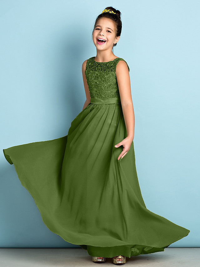 Green Scoop Neck Chiffon A-Line Flower Girl Dress