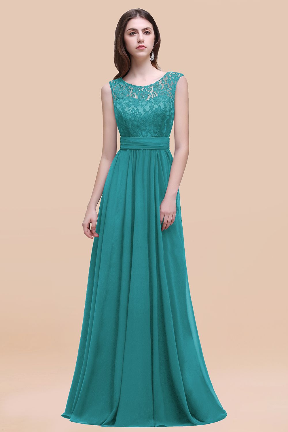 Green Scoop Neck Chiffon A-Line Long Bridesmaid Dress