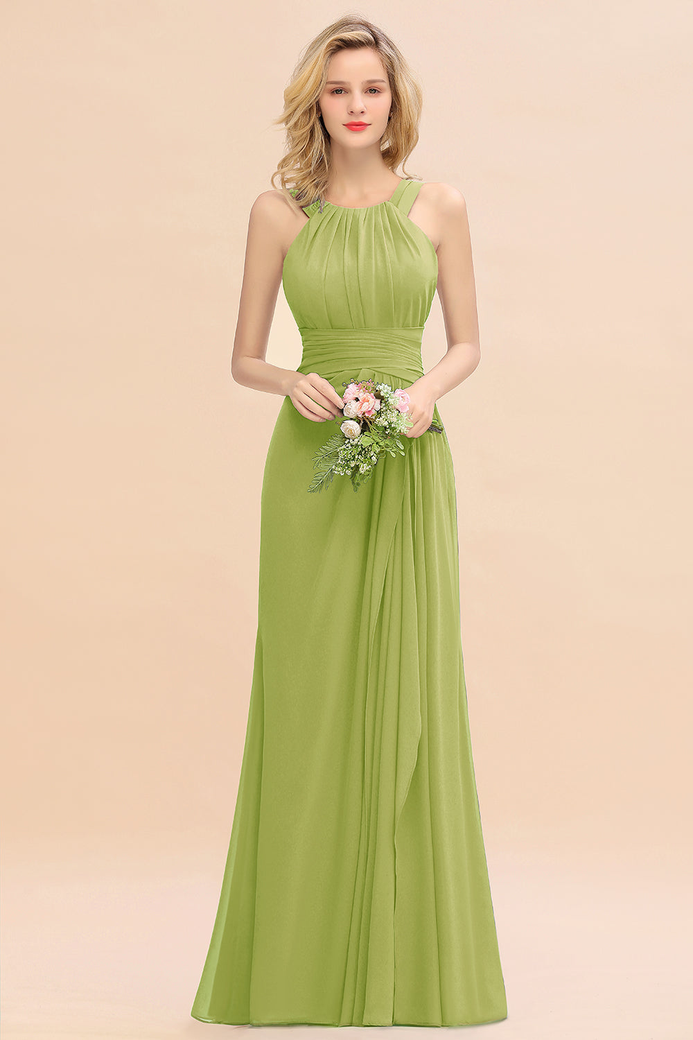 Green Scoop Neck Chiffon A-Line Long Bridesmaid Dress