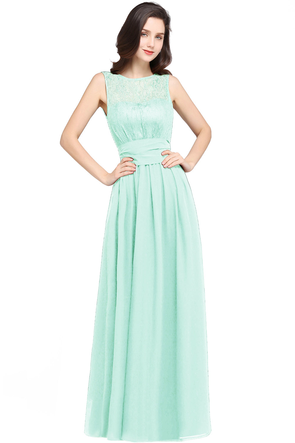 Green Scoop Neck Chiffon A-Line Long Bridesmaid Dress