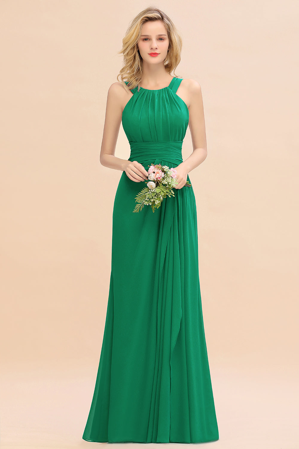 Green Scoop Neck Chiffon A-Line Long Bridesmaid Dress