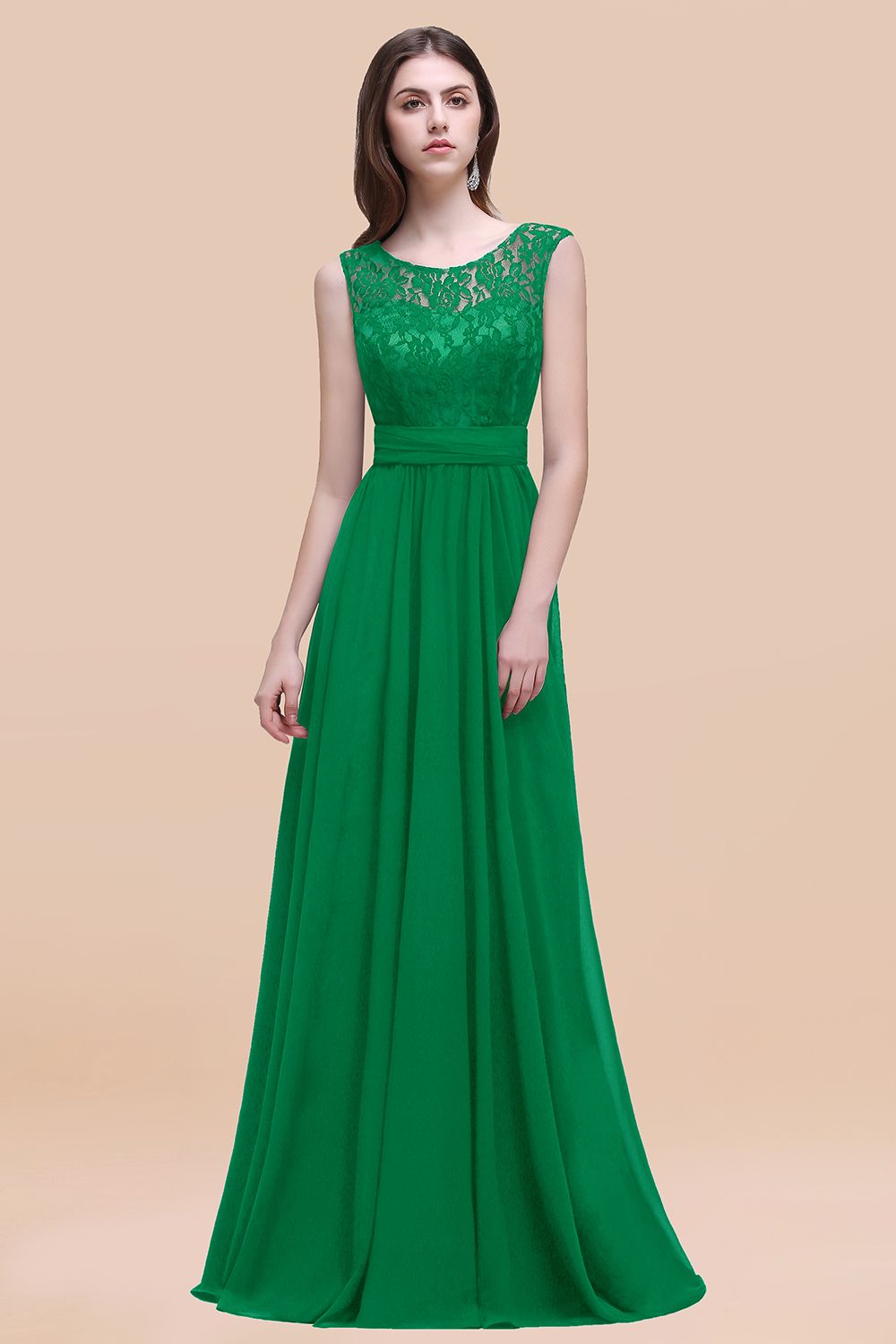 Green Scoop Neck Chiffon A-Line Long Bridesmaid Dress