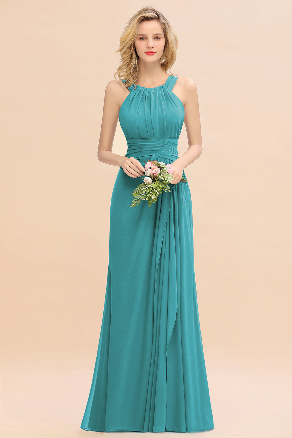 Green Scoop Neck Chiffon A-Line Long Bridesmaid Dress