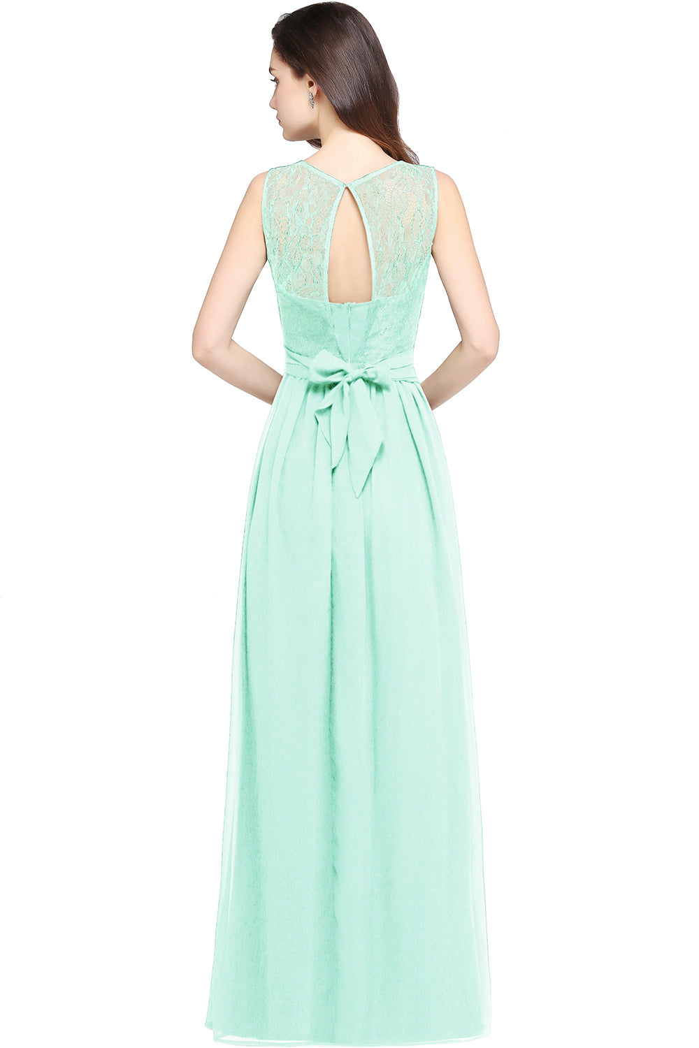Green Scoop Neck Chiffon A-Line Long Bridesmaid Dress Back View