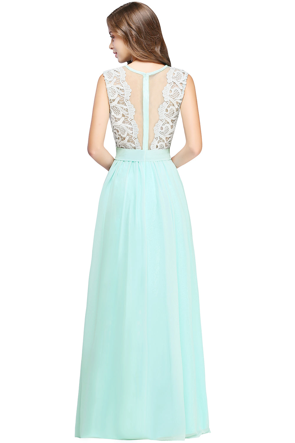 Green Scoop Neck Chiffon A-Line Long Bridesmaid Dress with Lace Appliques and Pleats Back View