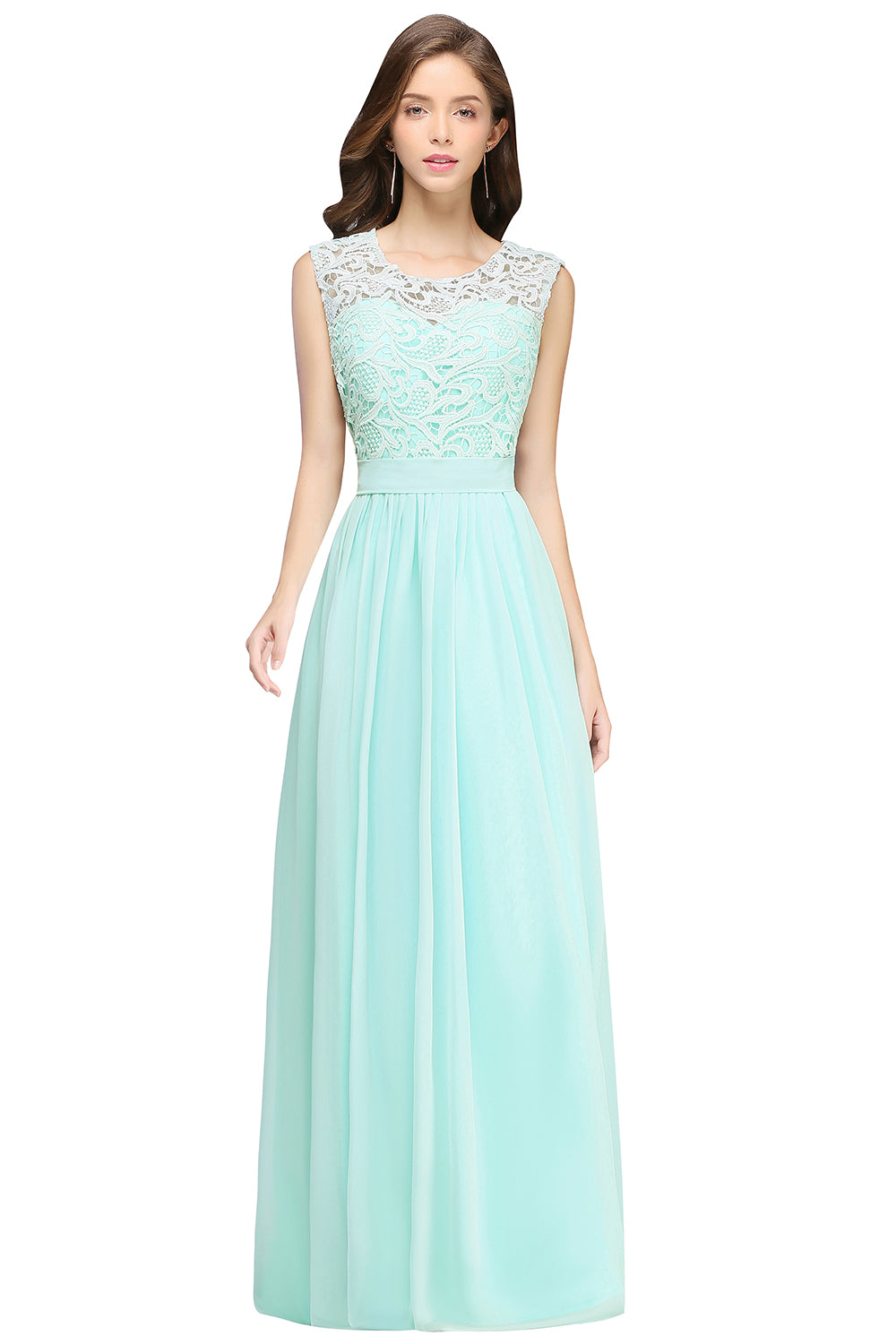 Green Scoop Neck Chiffon A-Line Long Bridesmaid Dress with Lace Appliques and Pleats