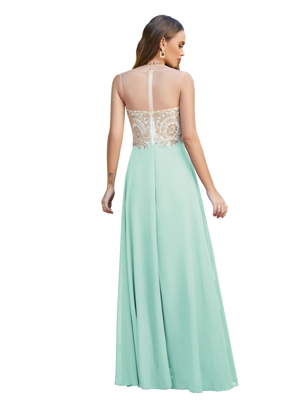 Green Sweetheart Chiffon A-Line Long Bridesmaid Dress Back View