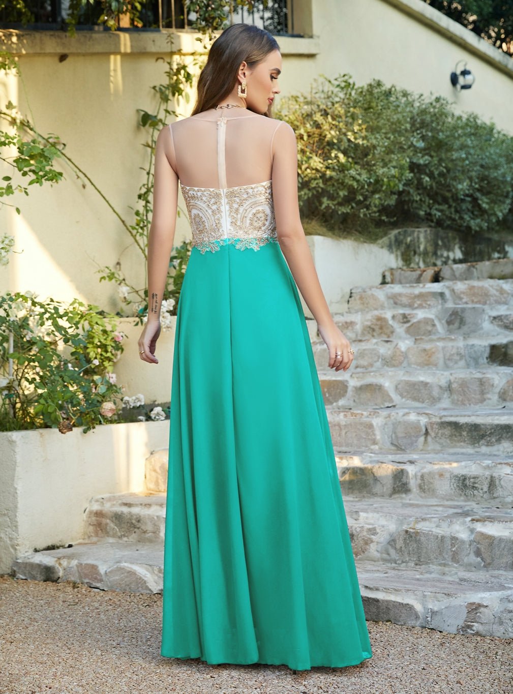 Green Sweetheart Chiffon A-Line Long Bridesmaid Dress Back View