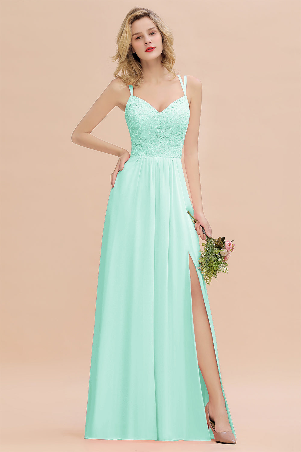 Green Sweetheart Chiffon A-Line Long Bridesmaid Dress with Slit