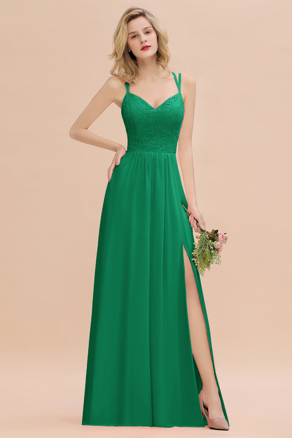 Green Sweetheart Chiffon A-Line Long Bridesmaid Dress with Slit