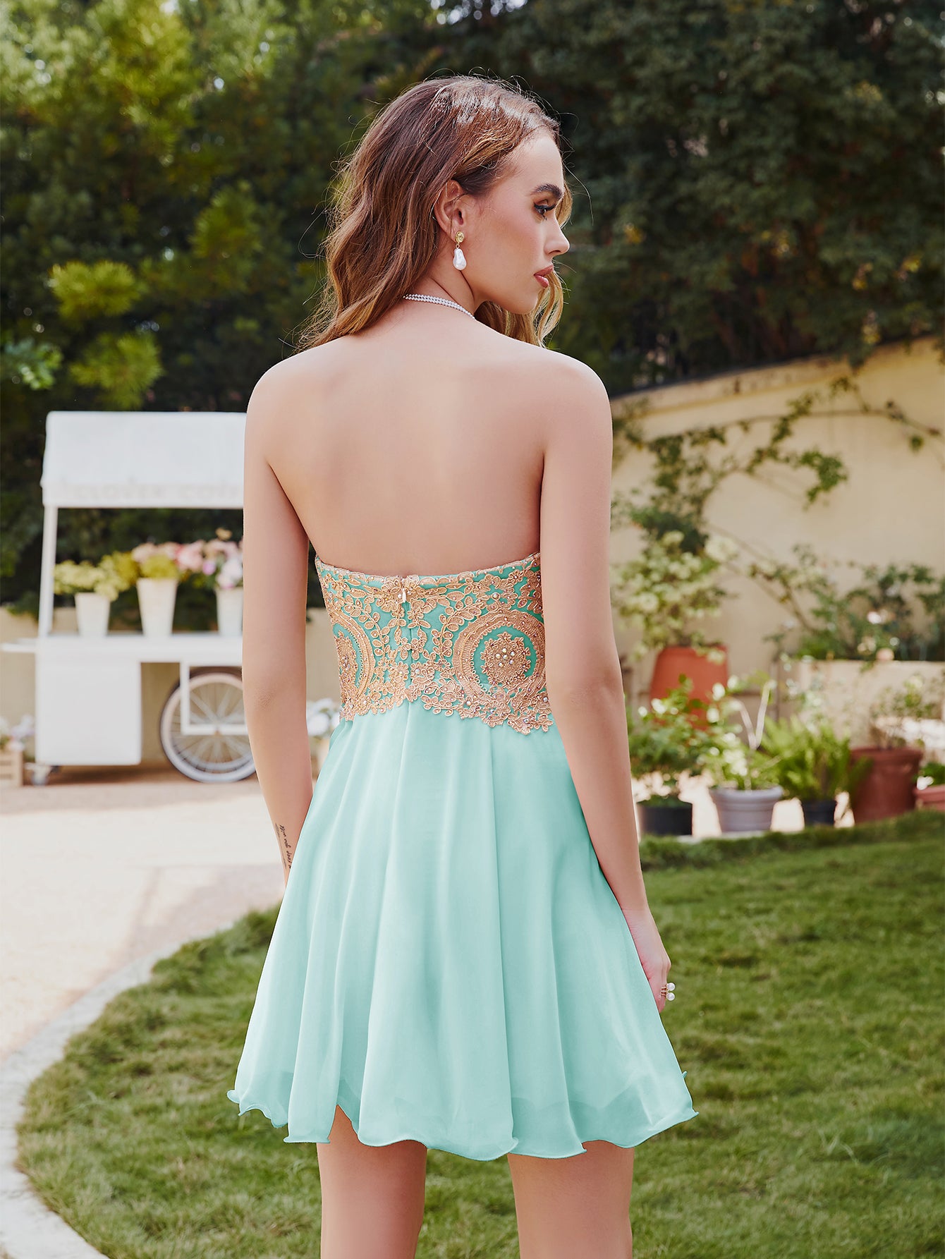 Green Sweetheart Chiffon A-Line Short Bridesmaid Dress Back View