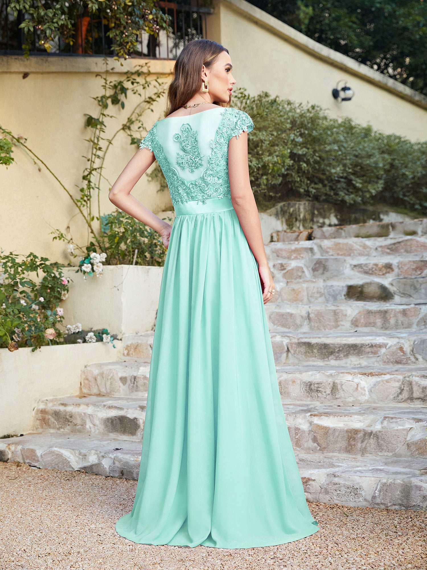 Green V-Neck A-Line Long Bridesmaid Dress with Lace Appliques Back View