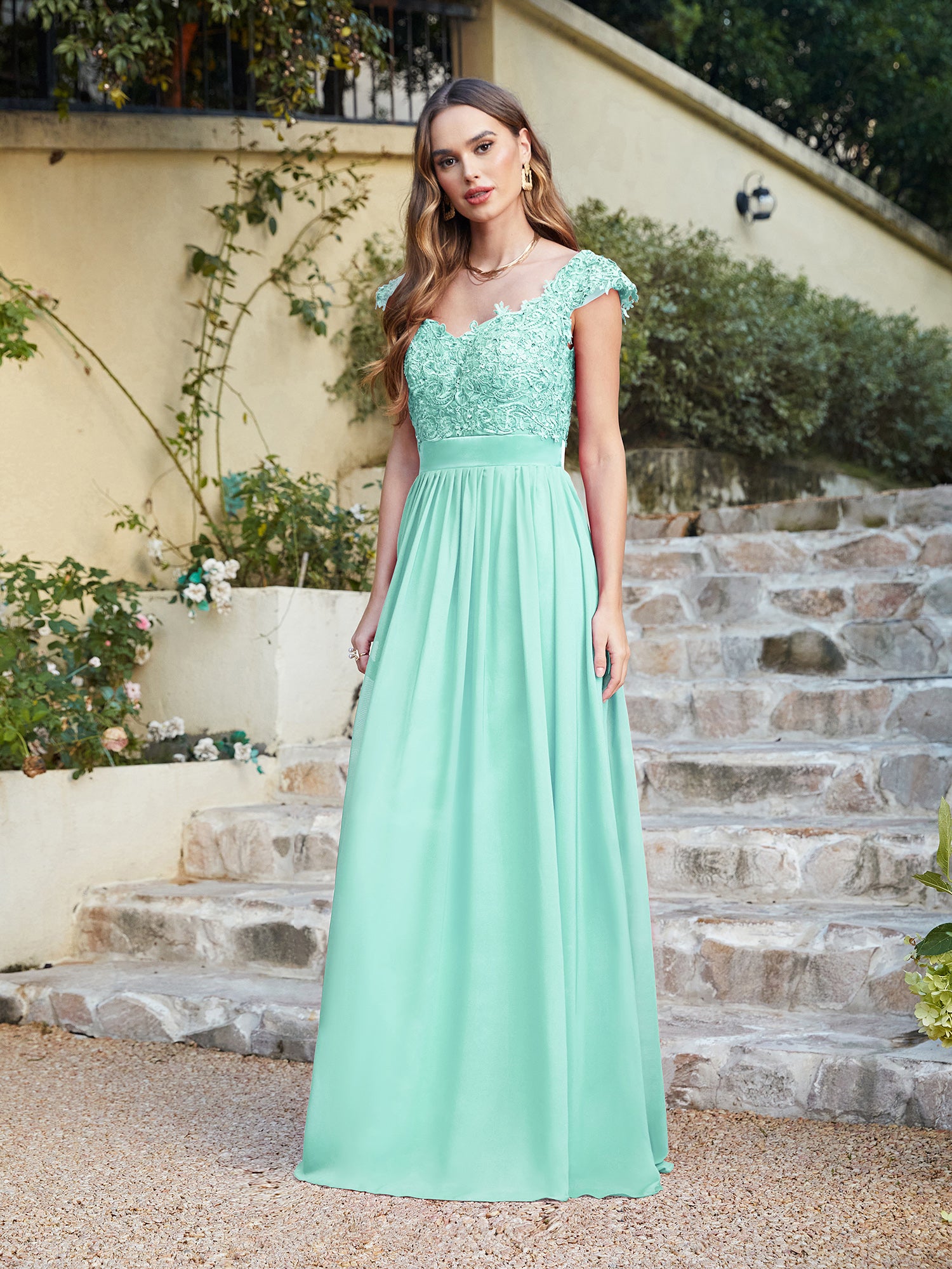 Green V-Neck A-Line Long Bridesmaid Dress with Lace Appliques