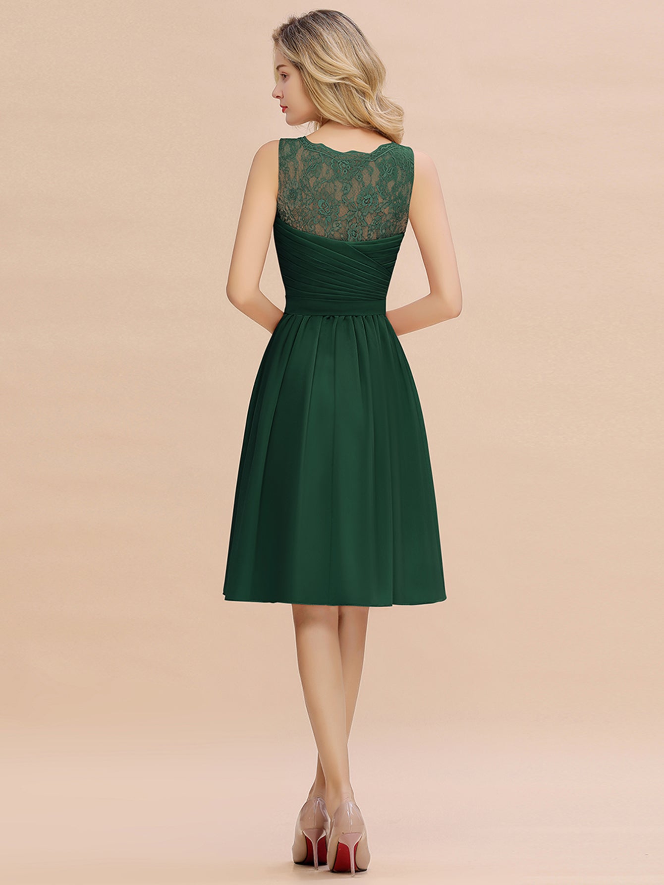 Green V-Neck Chiffon A-Line Bridesmaid Dress with Lace Appliques Back View