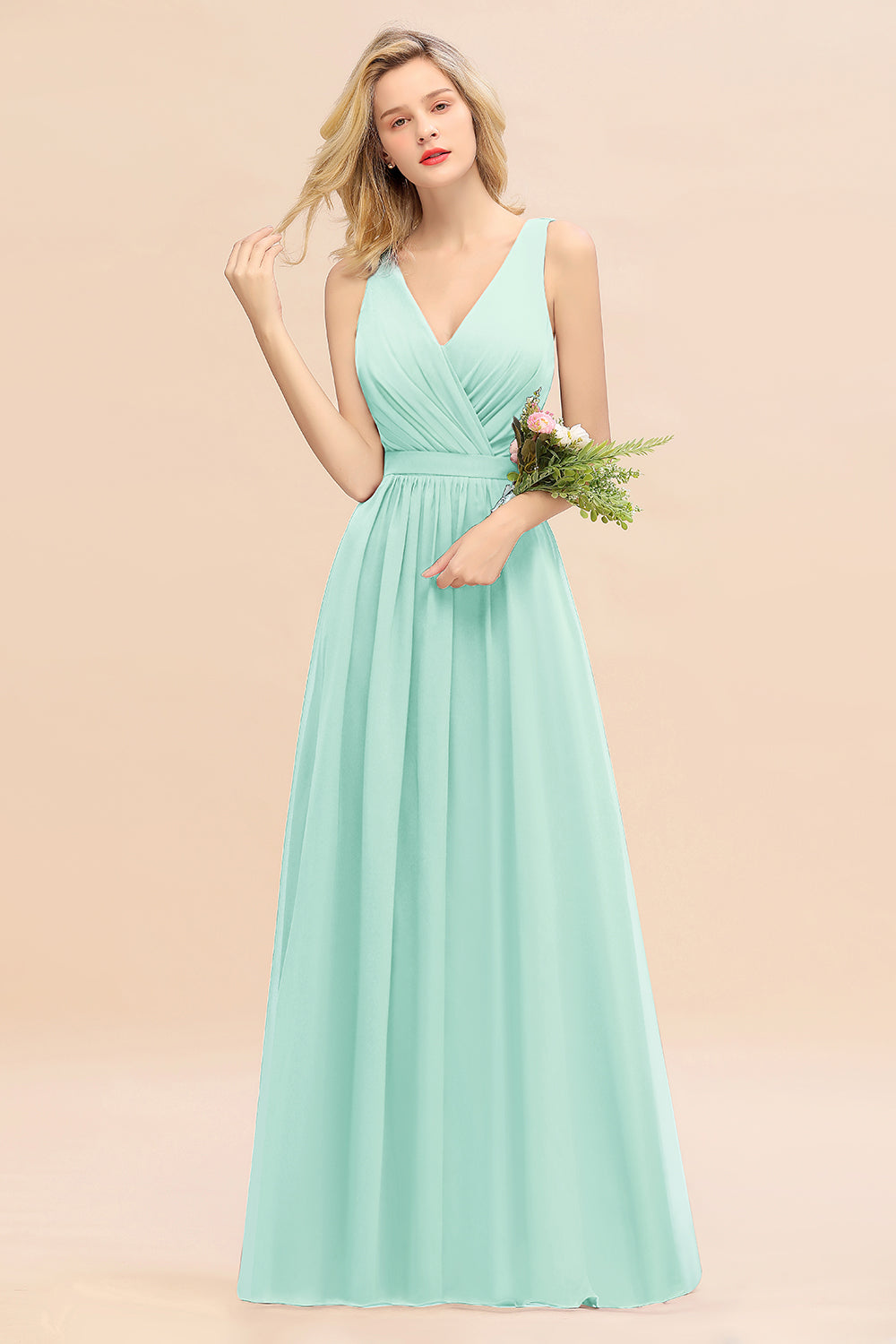 Green V-Neck Chiffon A-Line Long Bridesmaid Dress with Ruching