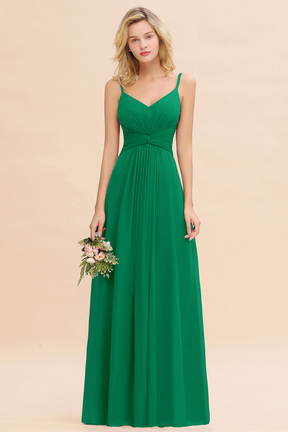 Green V-Neck Chiffon A-Line Long Bridesmaid Dress with Ruching