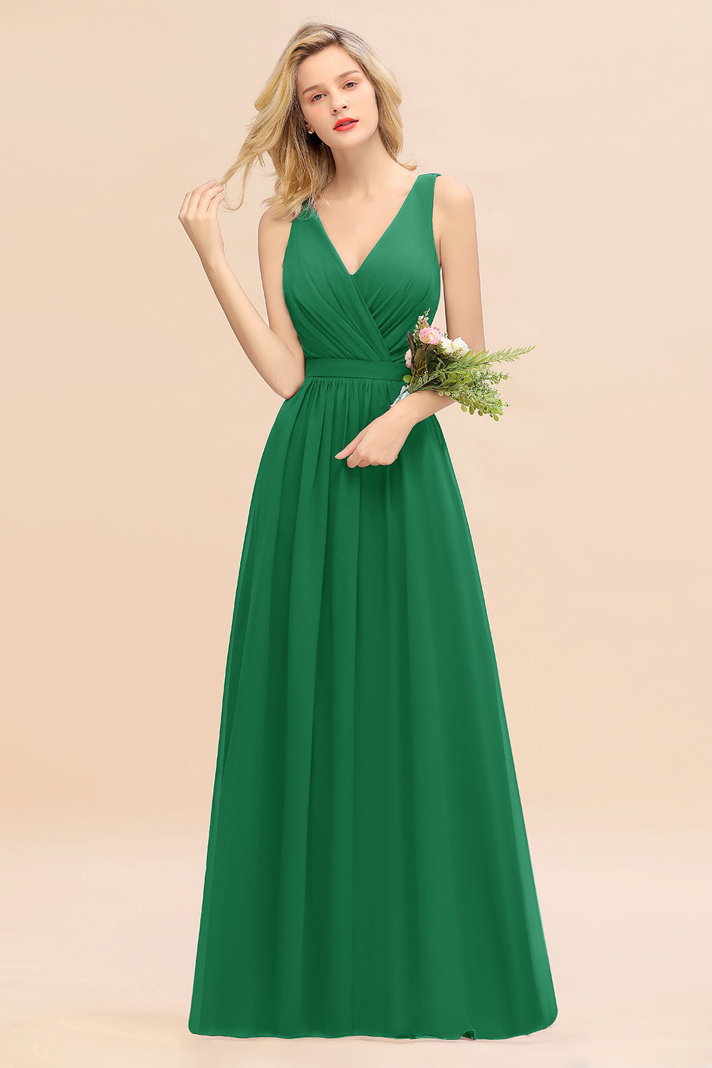 Green V-Neck Chiffon A-Line Long Bridesmaid Dress with Ruching