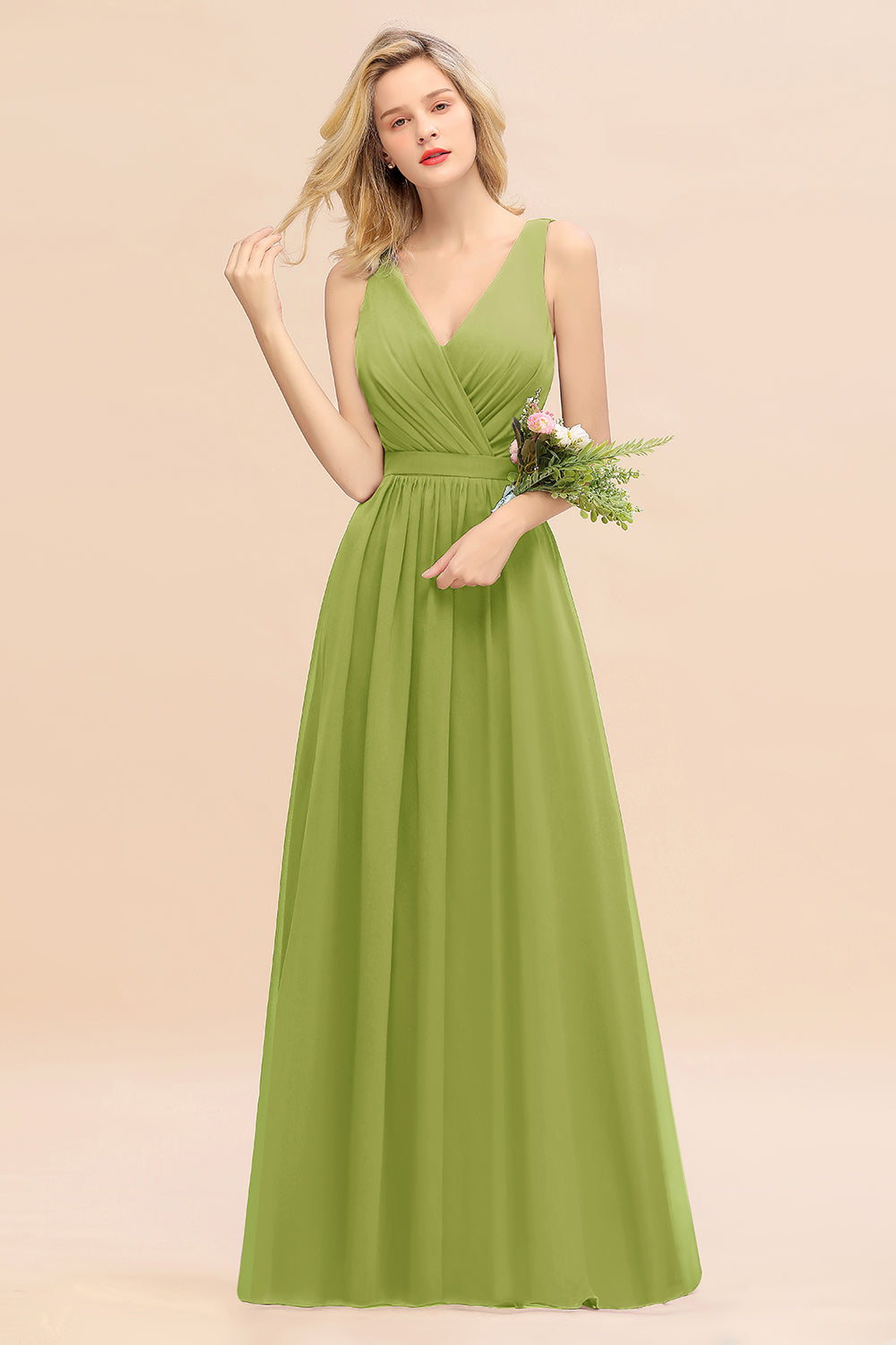 Green V-Neck Chiffon A-Line Long Bridesmaid Dress with Ruching