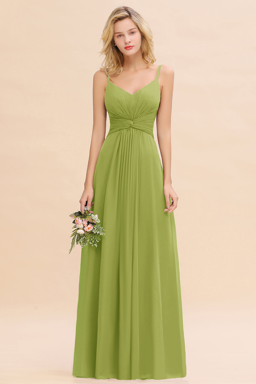 Green V-Neck Chiffon A-Line Long Bridesmaid Dress with Ruching