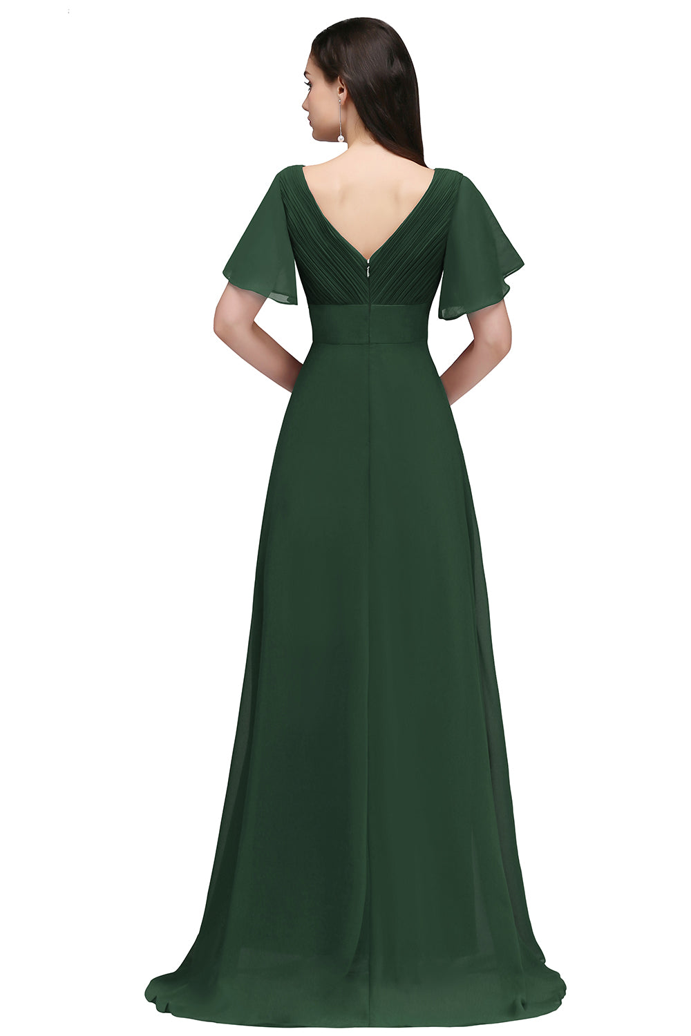 Green V-Neck Chiffon Empire Long Bridesmaid Dress Back View