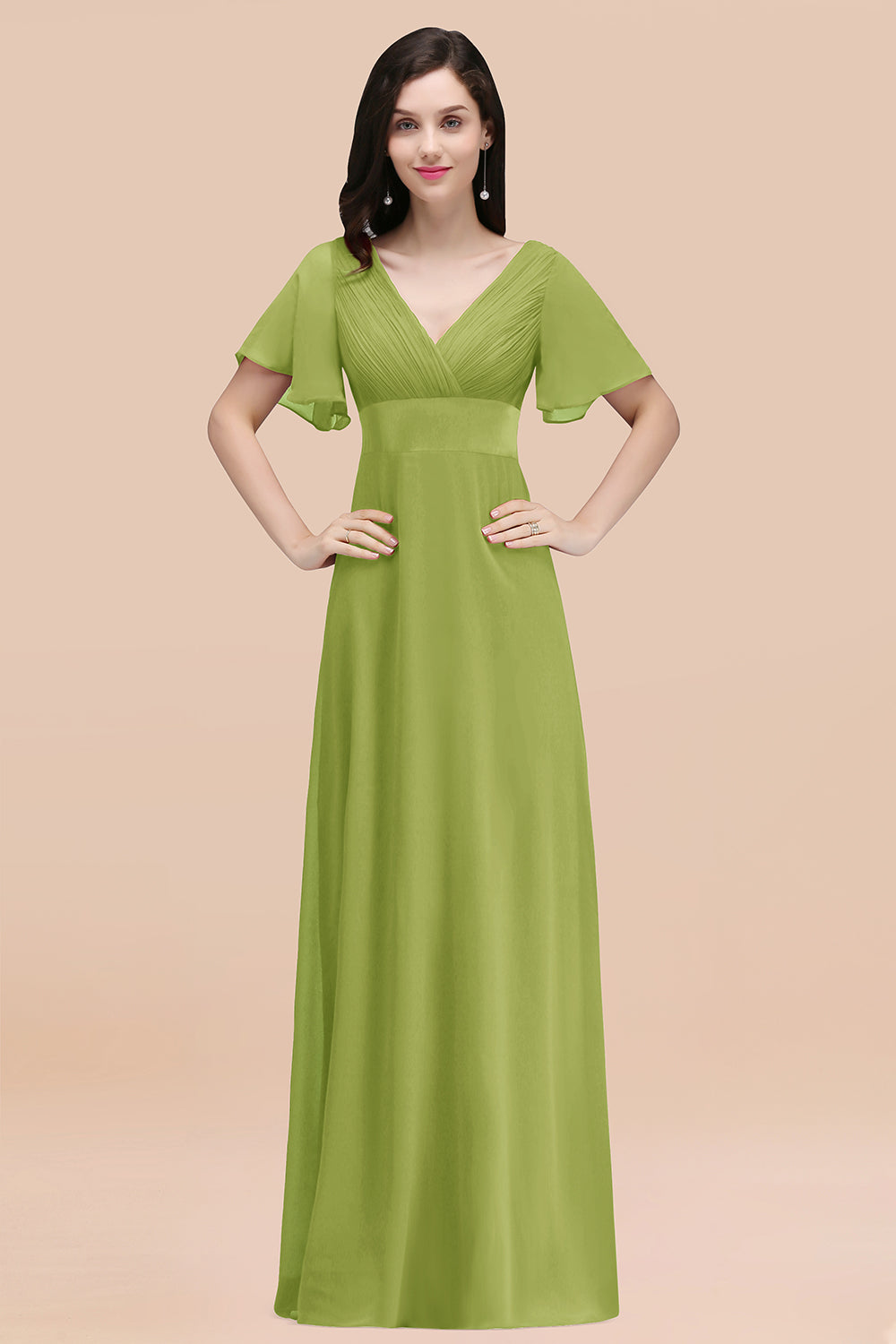 Green V-Neck Chiffon Empire Long Bridesmaid Dress with Pleats