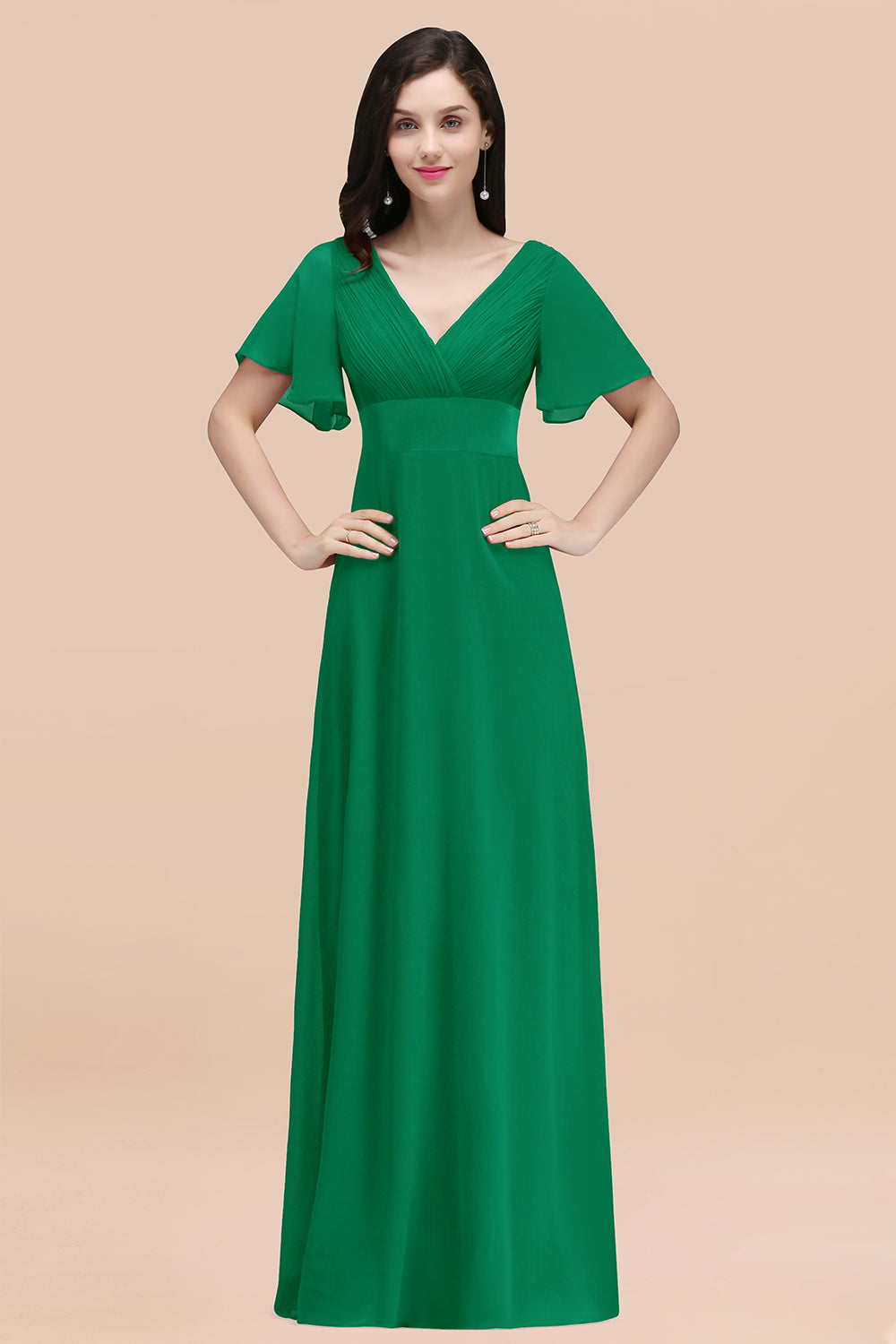 Green V-Neck Chiffon Empire Long Bridesmaid Dress with Pleats