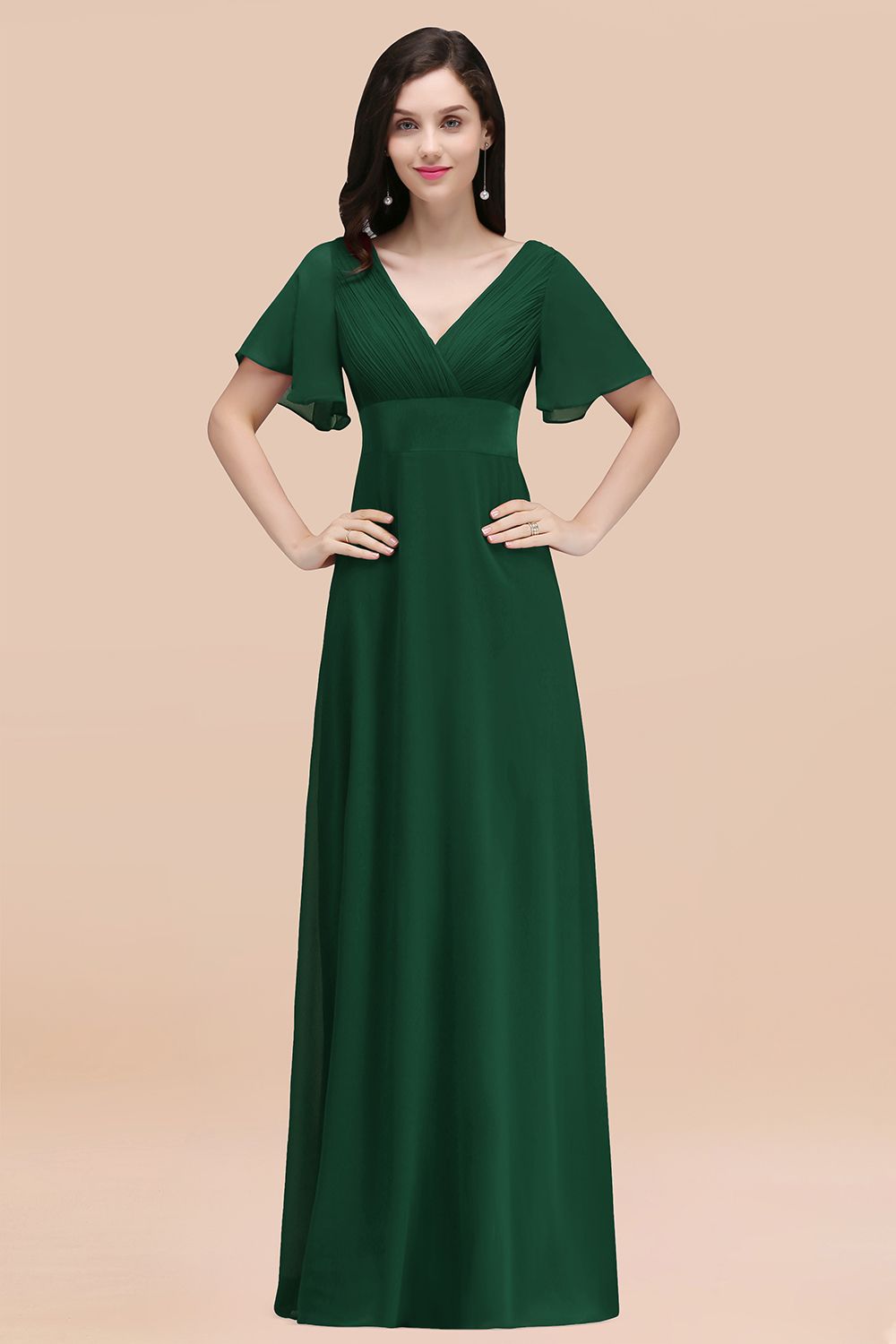 Green V-Neck Chiffon Empire Long Bridesmaid Dress with Pleats