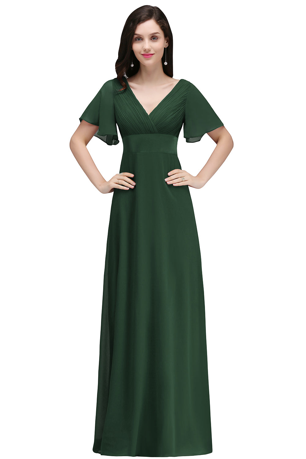 Green V-Neck Chiffon Empire Long Bridesmaid Dress