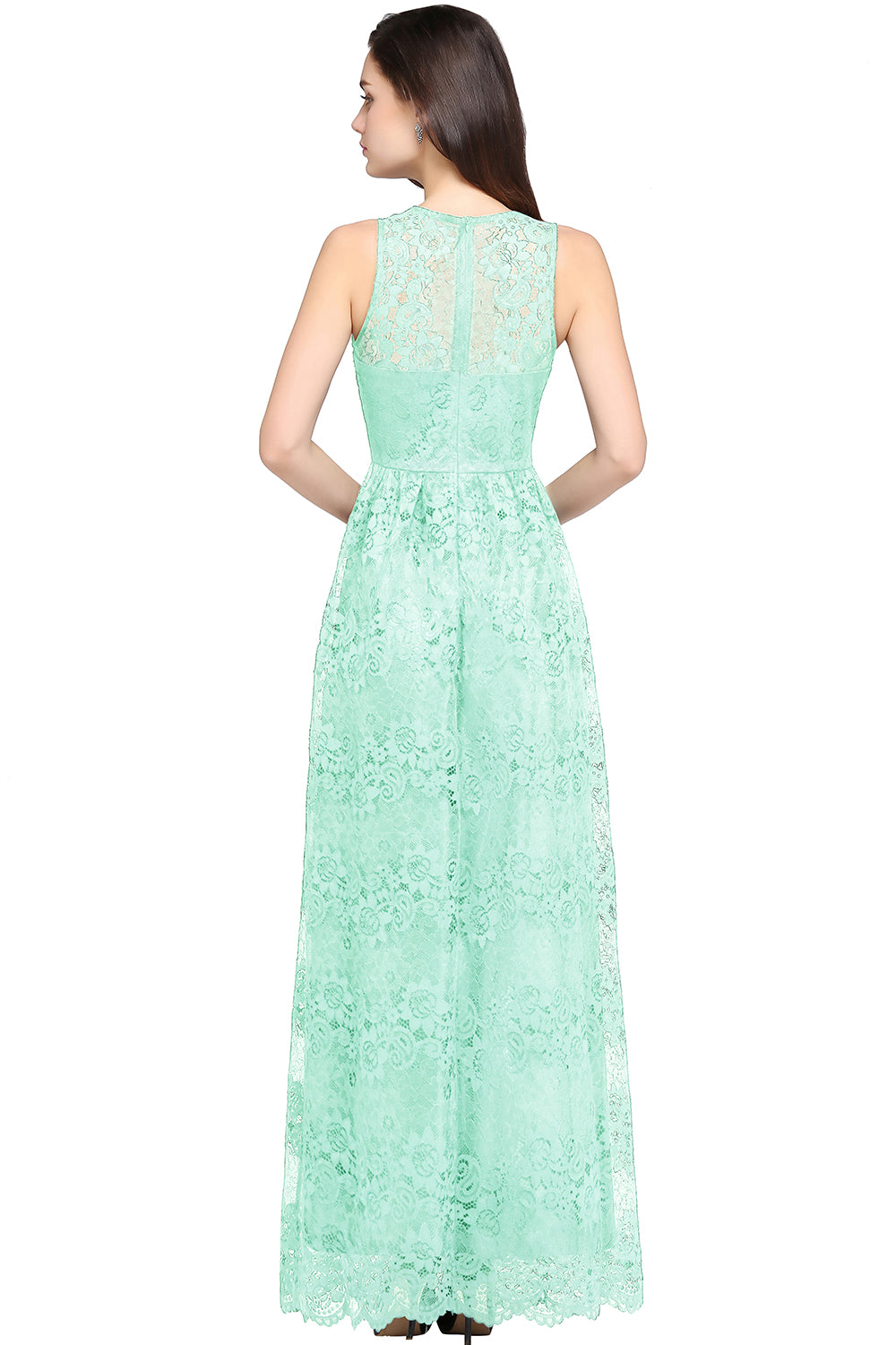 Green V-Neck Lace A-Line Long Bridesmaid Dress Back View