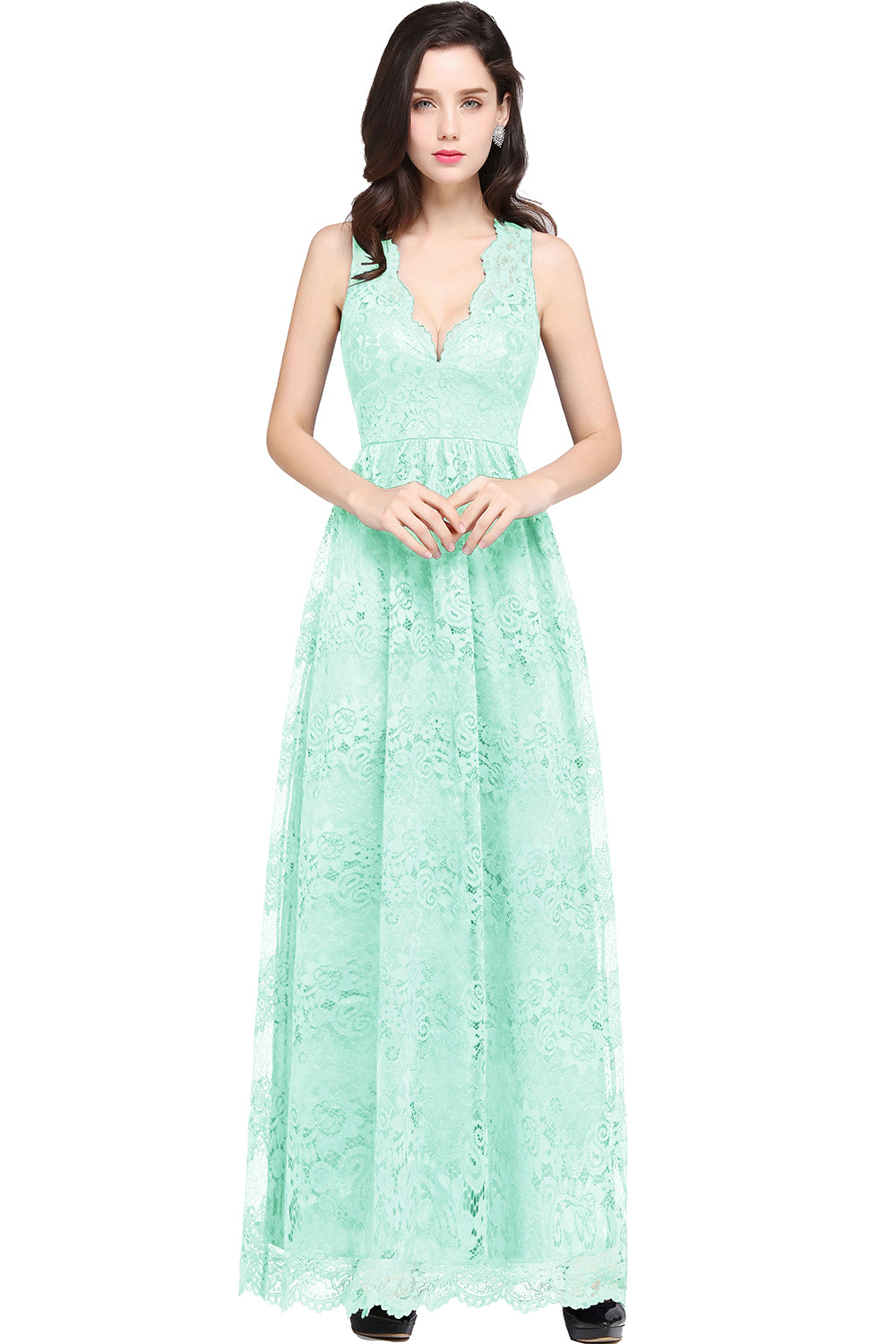 Green V-Neck Lace A-Line Long Bridesmaid Dress