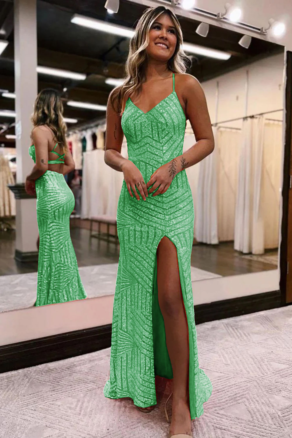 Green V-Neck Sequin Sheath Long Prom Dress with Slit