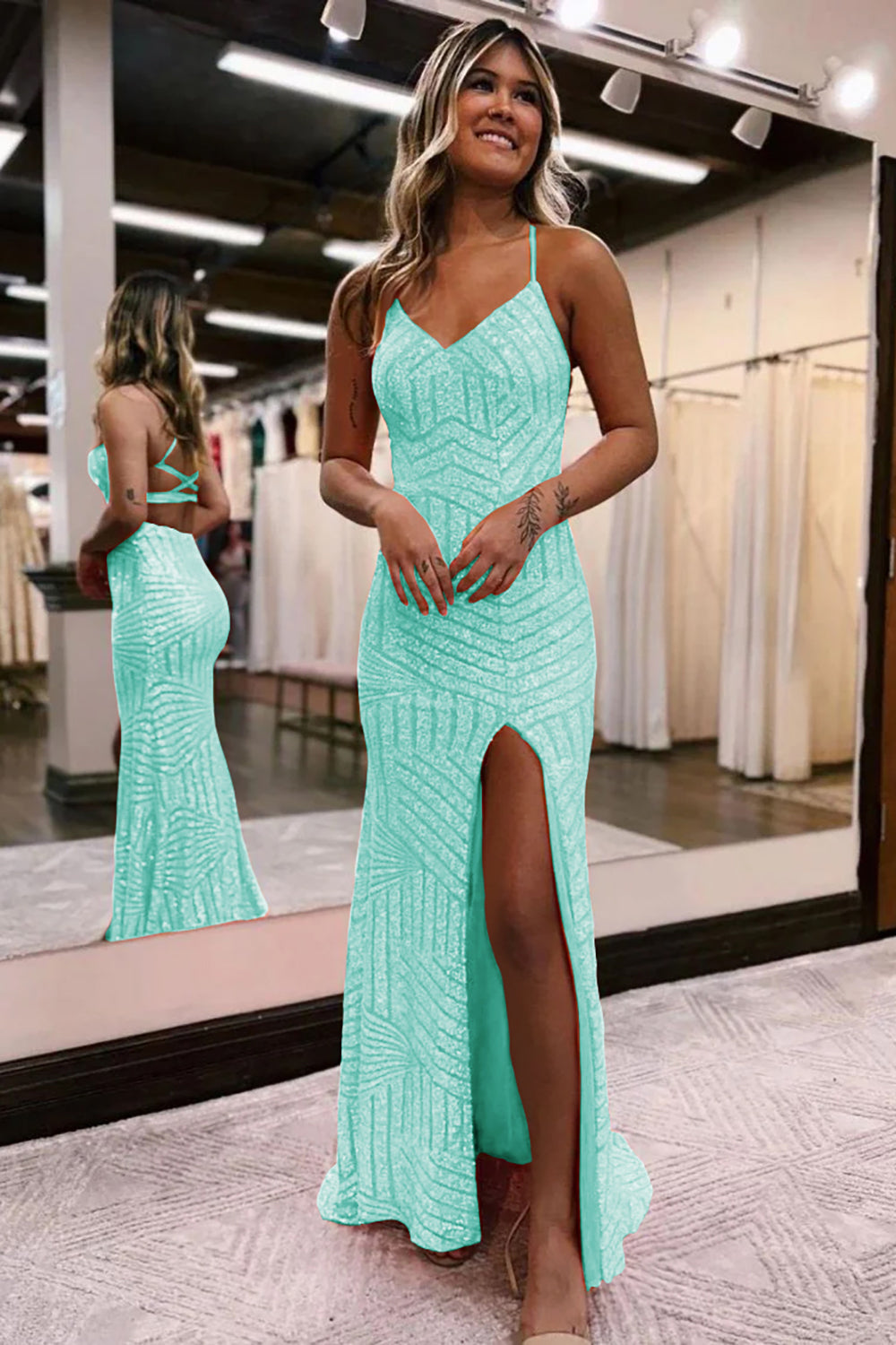 Green V-Neck Sequin Sheath Long Prom Dress with Slit