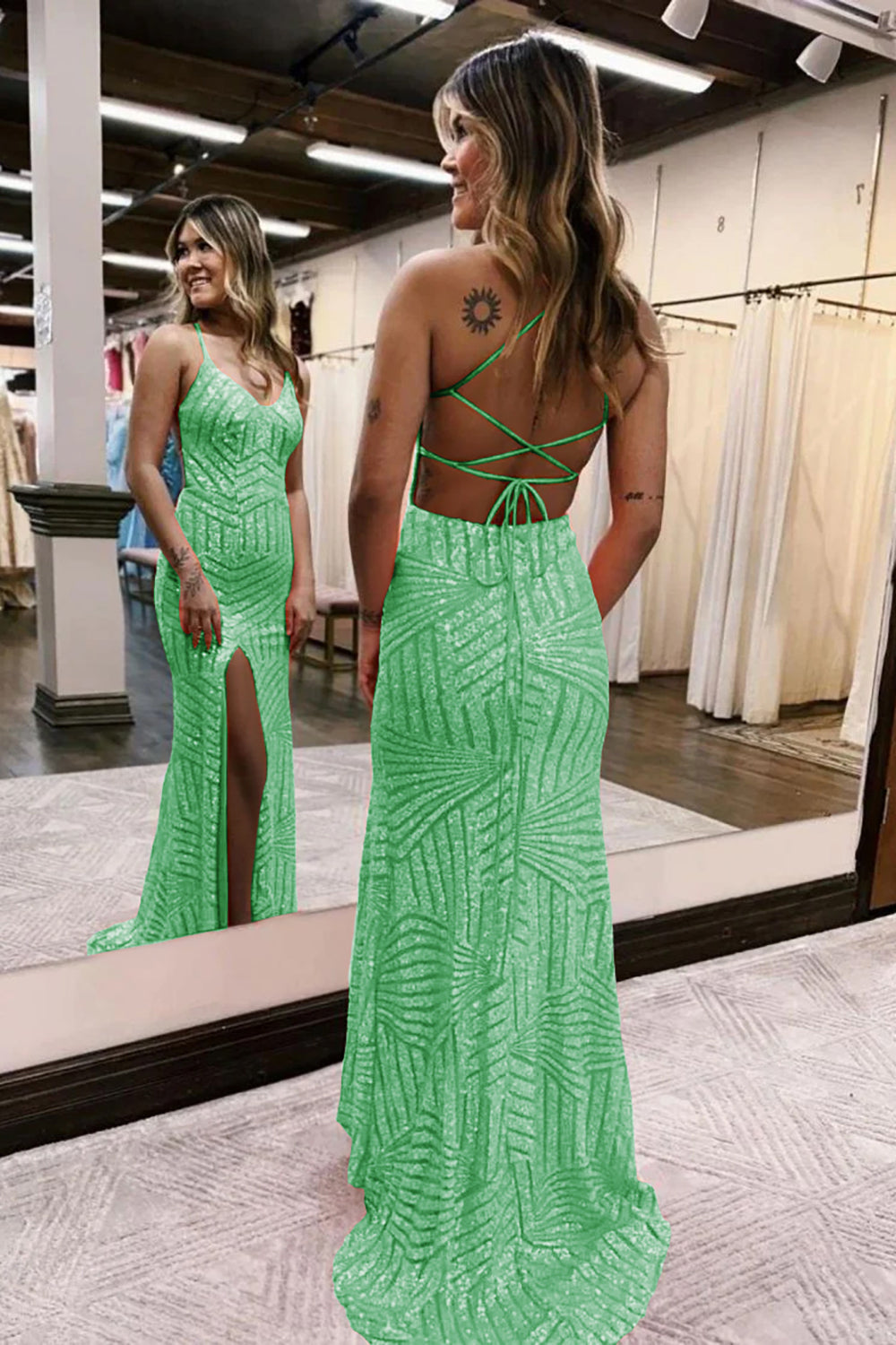 Green V-Neck Sequin Sheath Long Prom Dress with Slit Back View