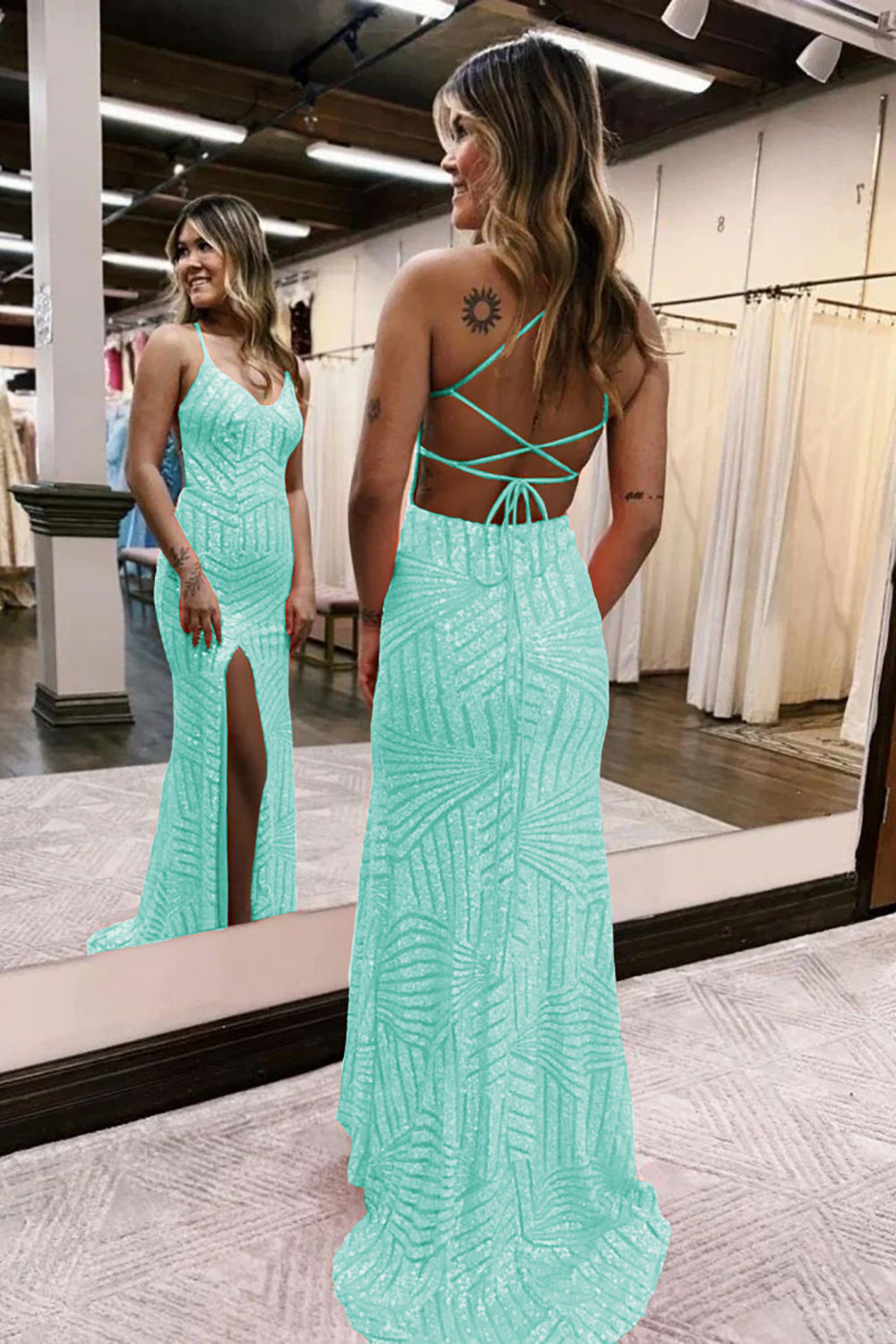 Green V-Neck Sequin Sheath Long Prom Dress with Slit Back View