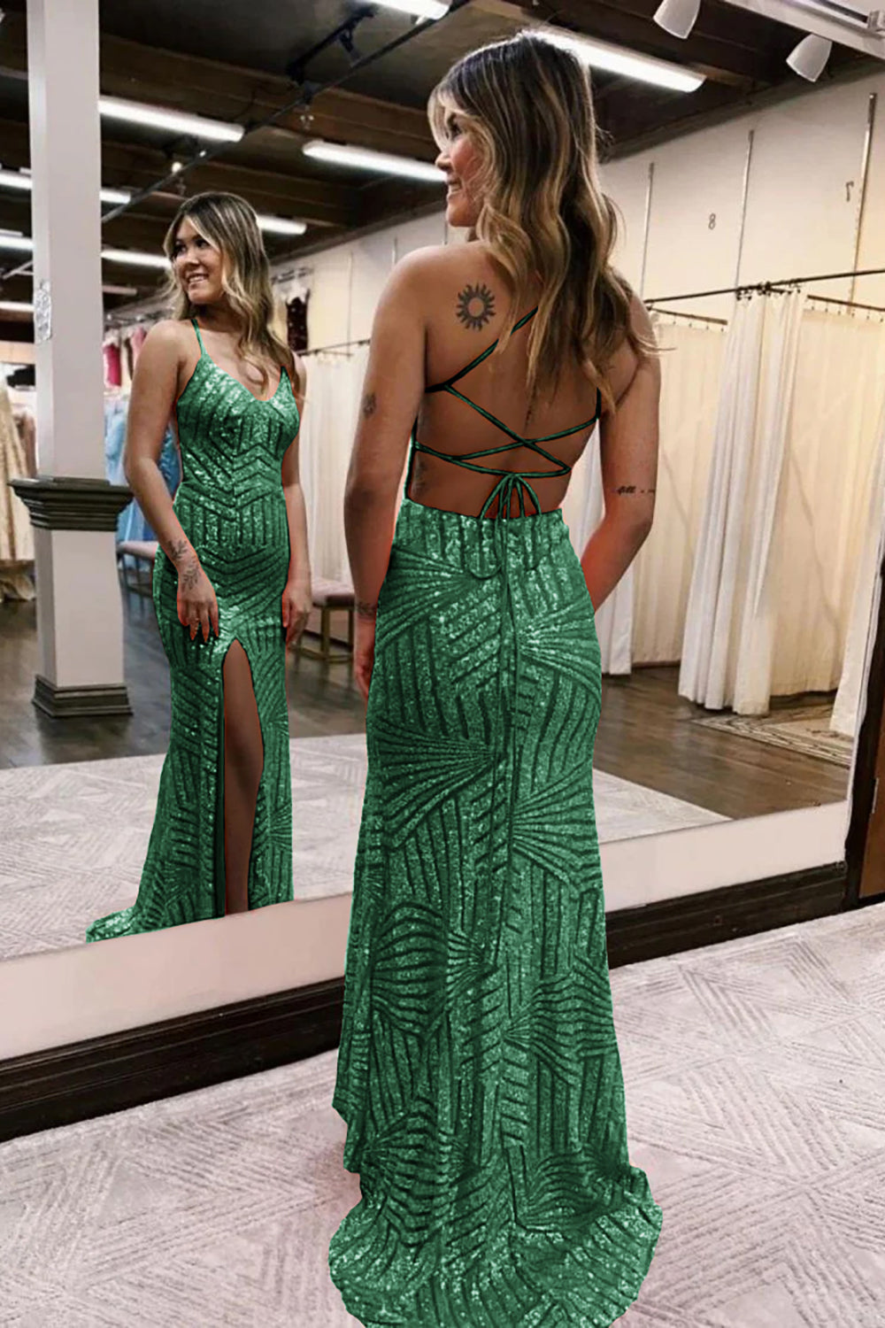 Green V-Neck Sequin Sheath Long Prom Dress with Slit Back View