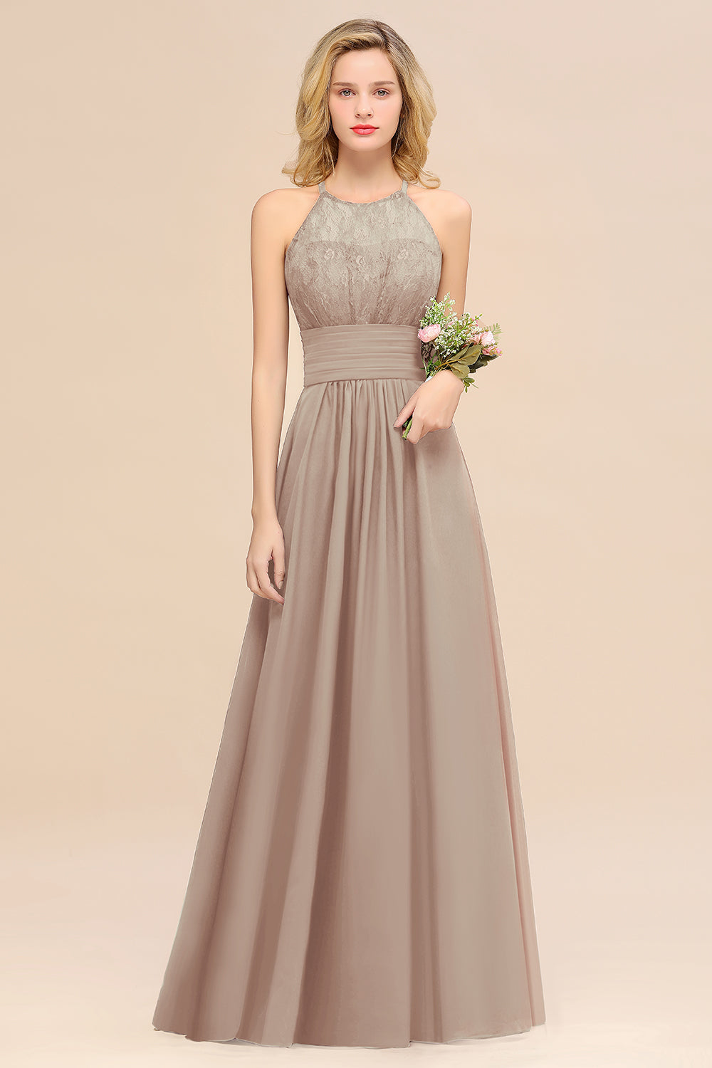 Halter Chiffon A-Line Long Bridesmaid Dress