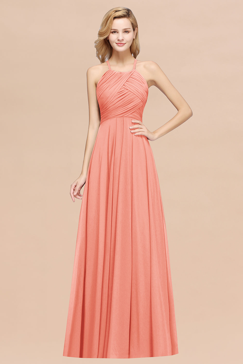 Halter Chiffon A-Line Long Bridesmaid Dress with Ruching