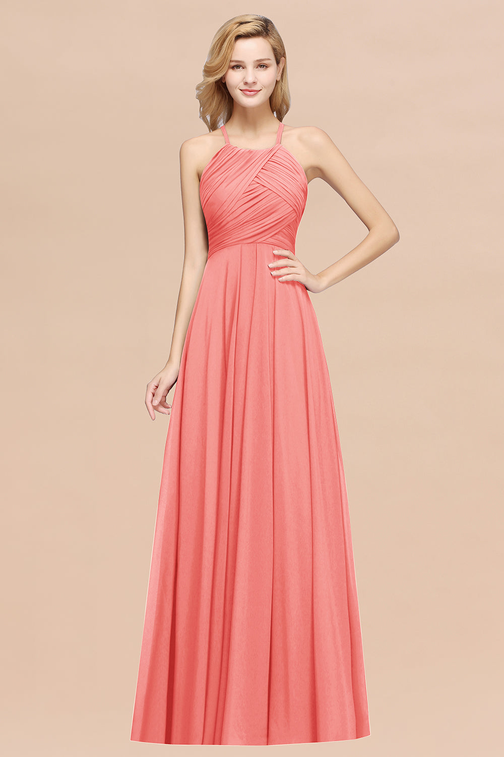 Halter Chiffon A-Line Long Bridesmaid Dress with Ruching