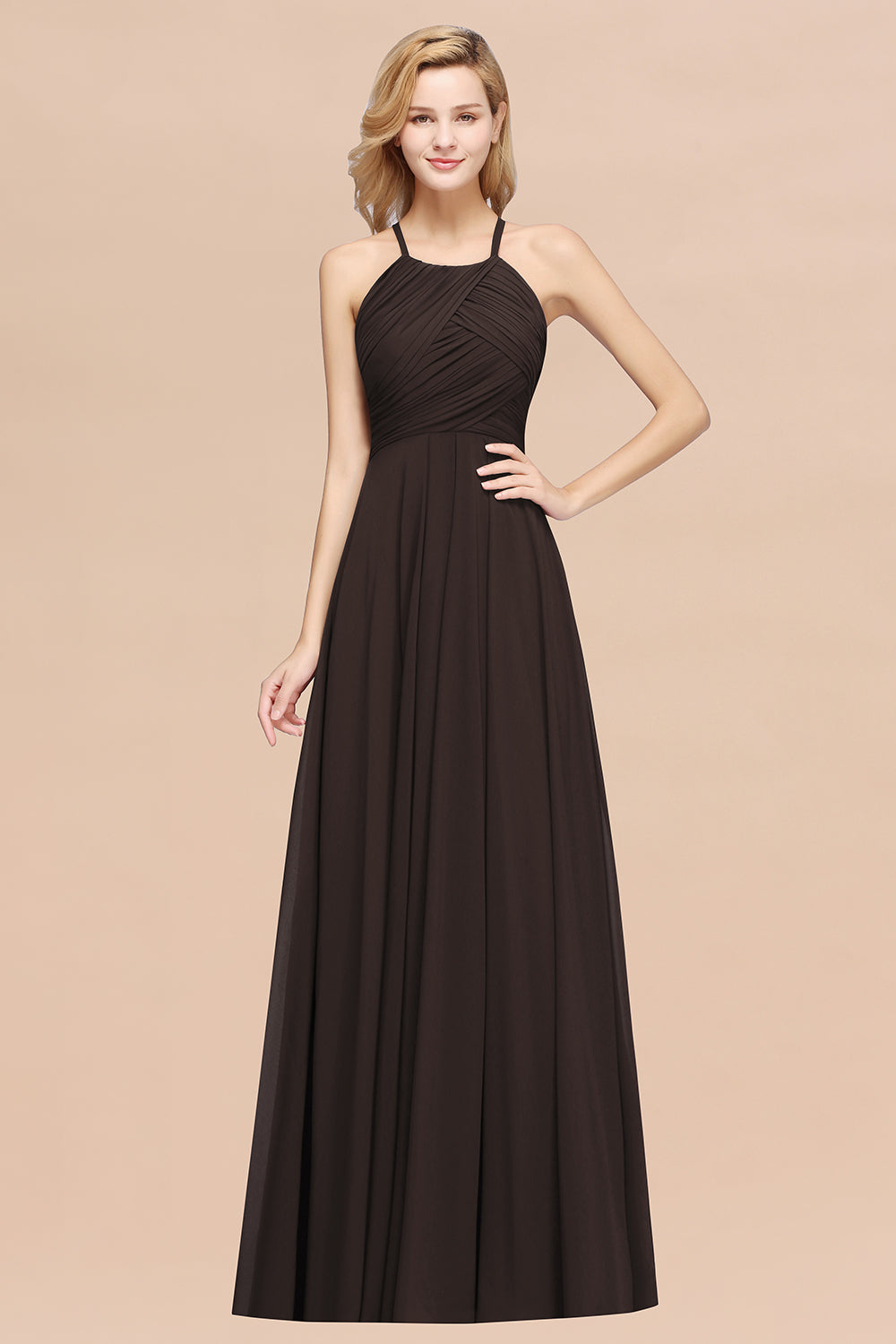 Halter Chiffon A-Line Long Bridesmaid Dress with Ruching