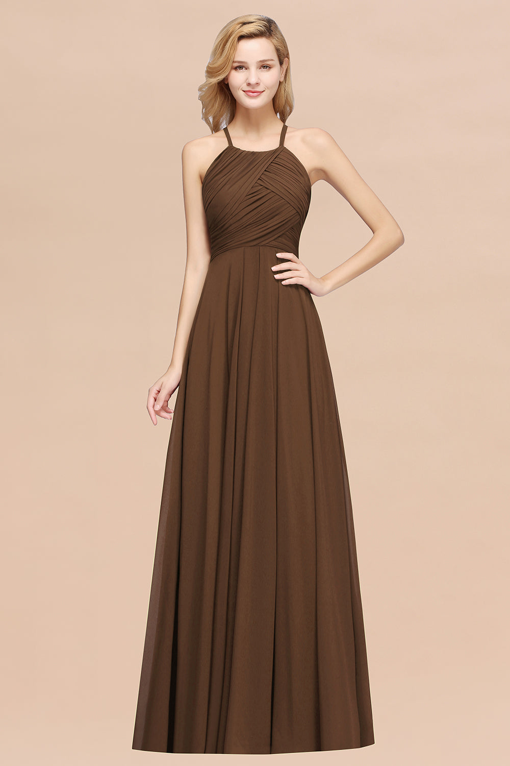 Halter Chiffon A-Line Long Bridesmaid Dress with Ruching