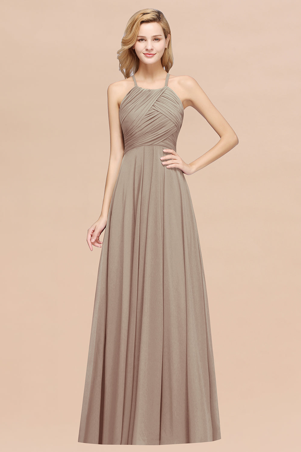 Halter Chiffon A-Line Long Bridesmaid Dress with Ruching
