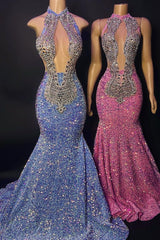Halter Sequin Mermaid Long Prom Dress with Rhinestones