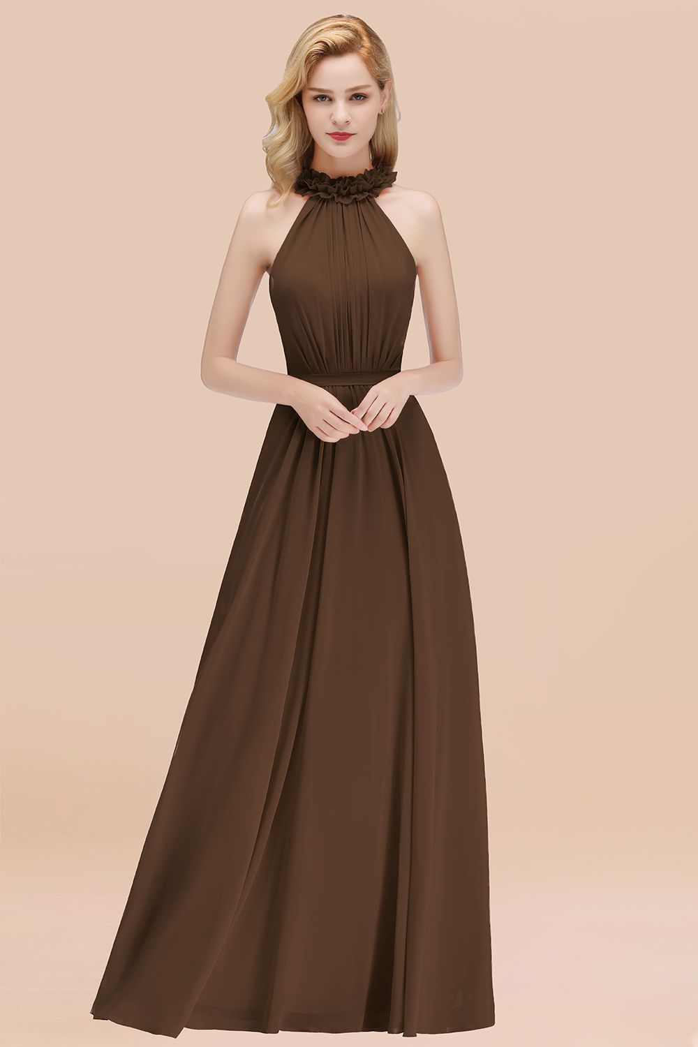 High Neck Chiffon A-Line Long Bridesmaid Dress
