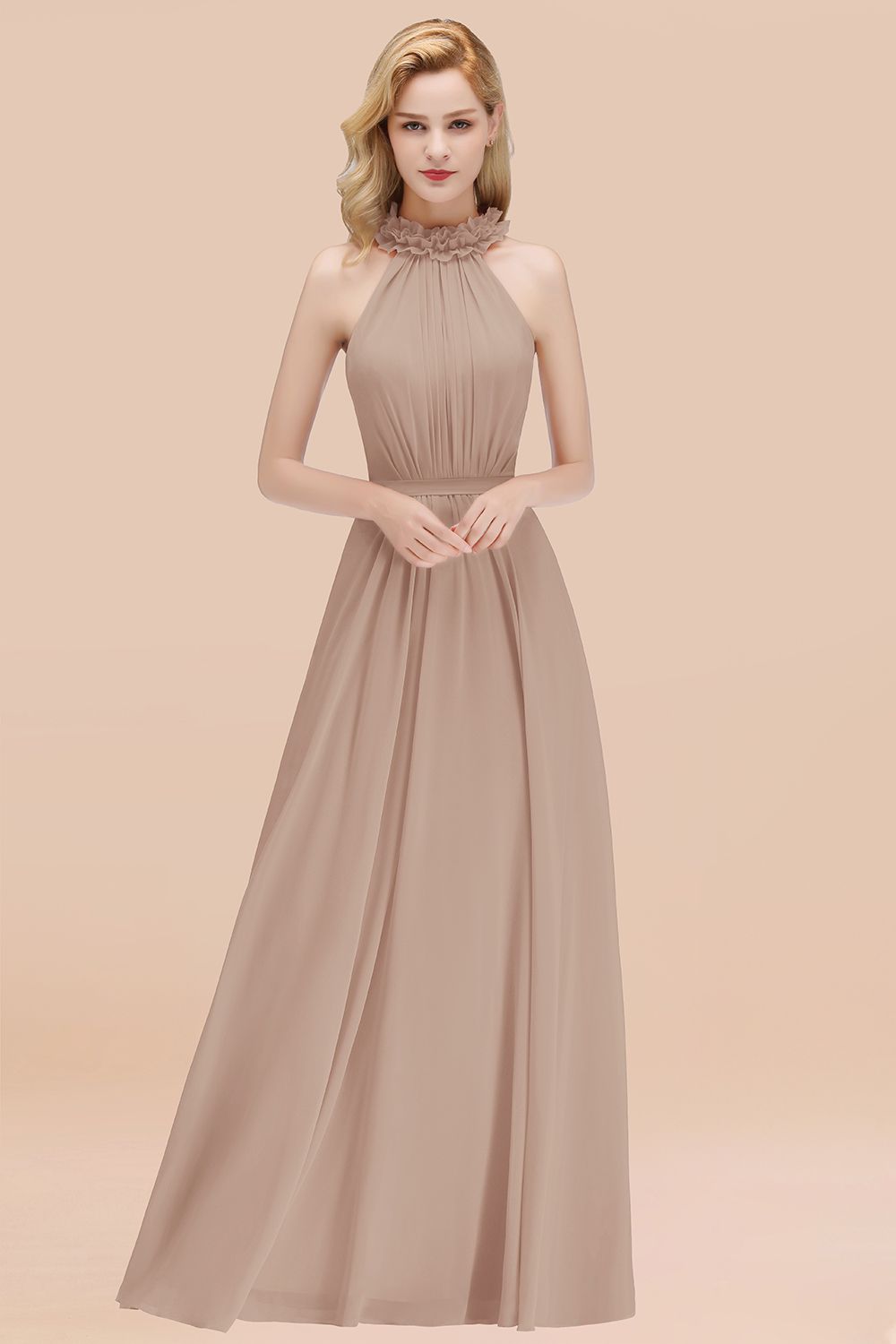 High Neck Chiffon A-Line Long Bridesmaid Dress
