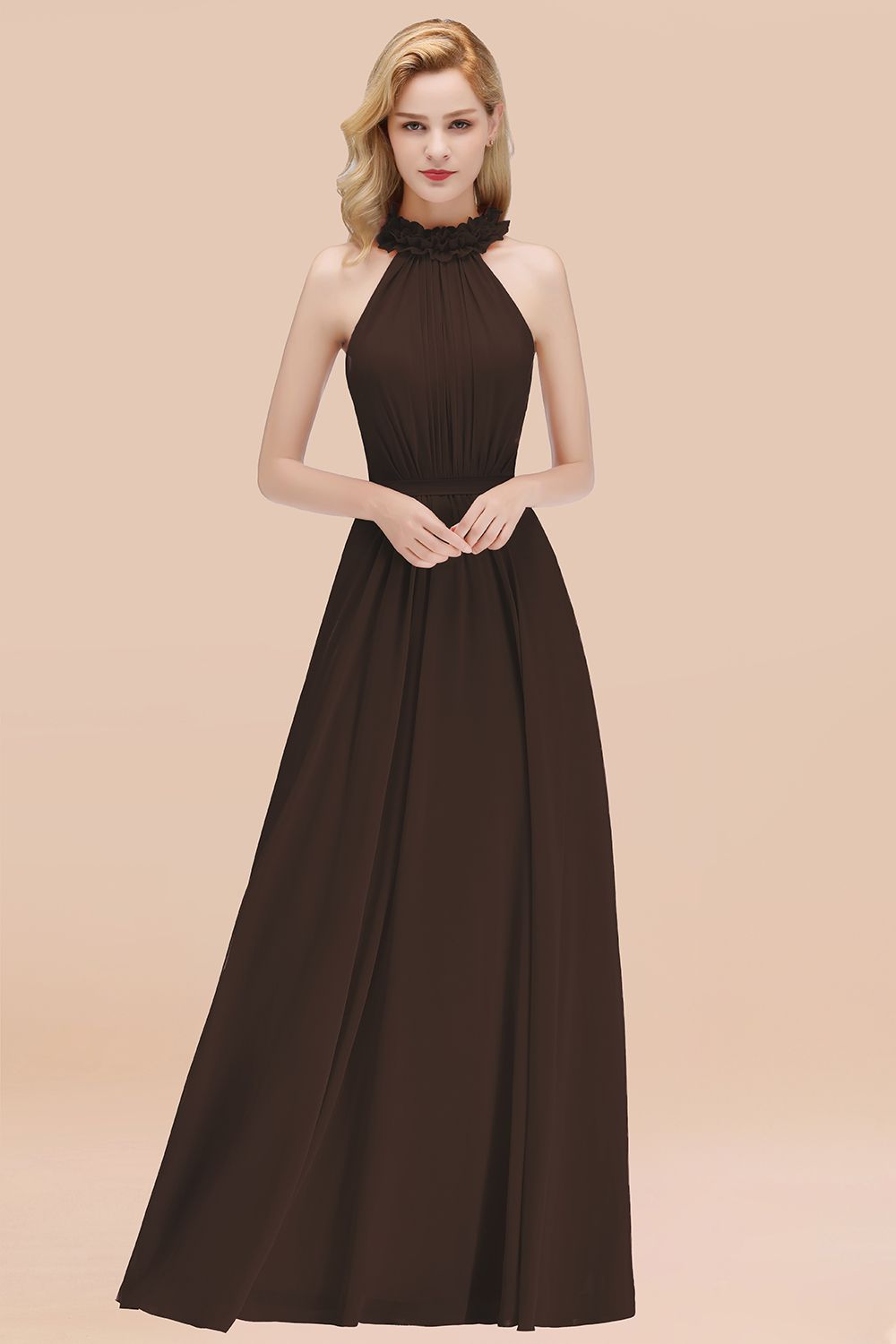 High Neck Chiffon A-Line Long Bridesmaid Dress