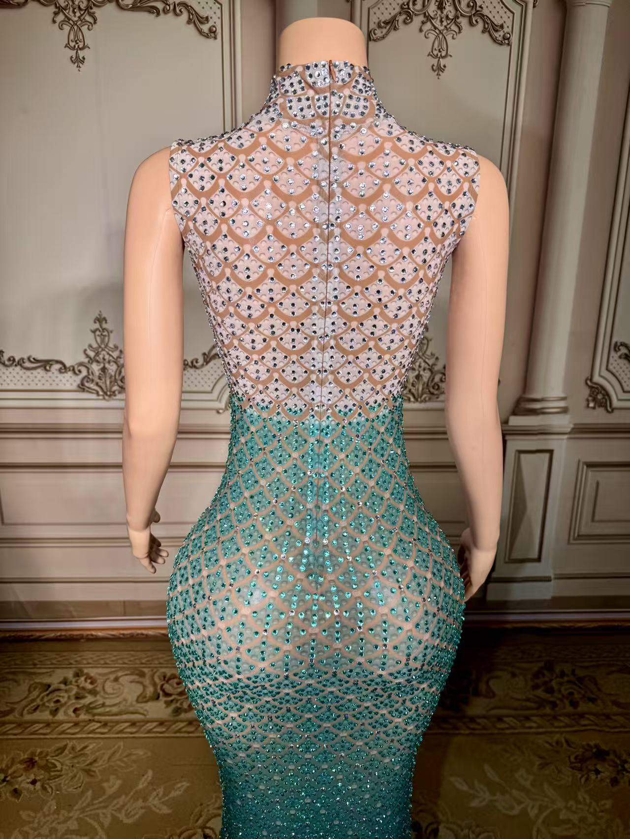 High Neck Sheath Long Prom Dress with Rhinestones Back Detail