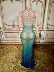 High Neck Sheath Long Prom Dress with Rhinestones Back View