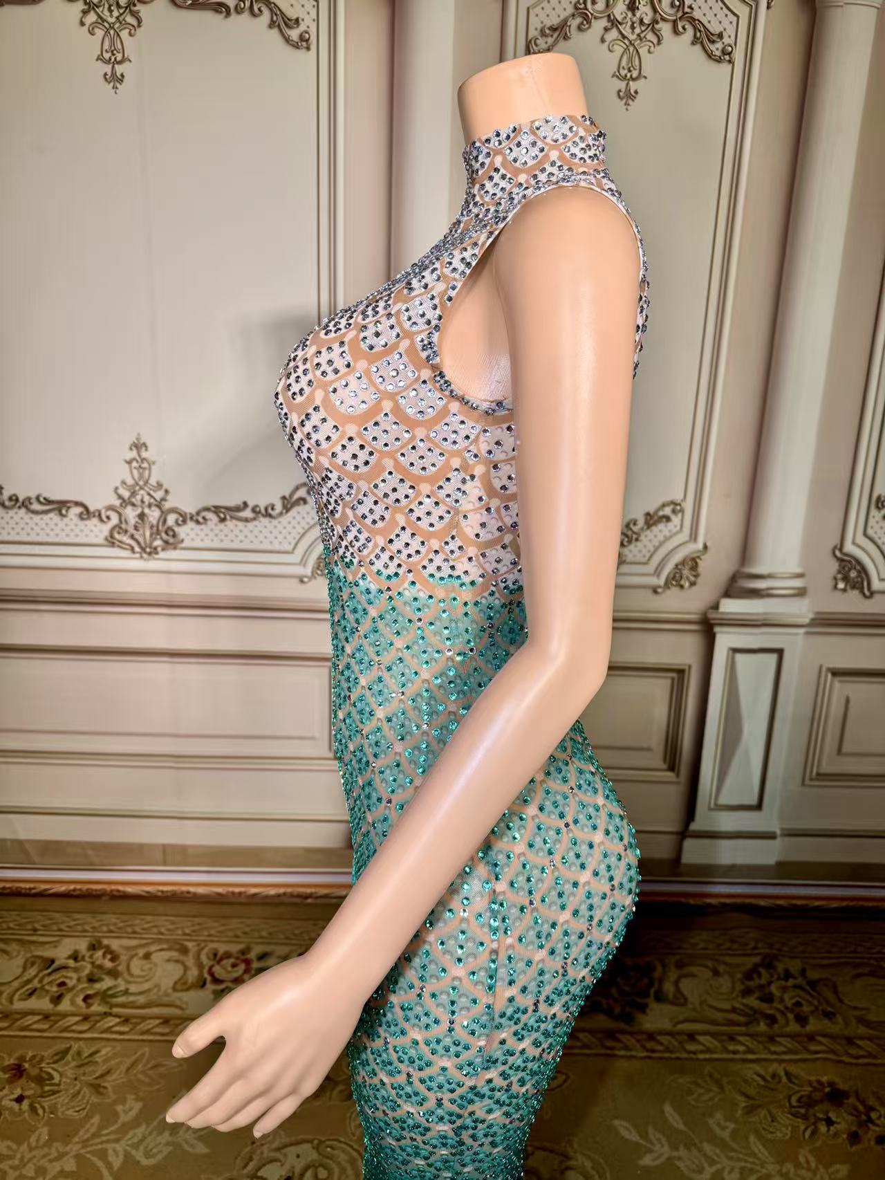 High Neck Sheath Long Prom Dress with Rhinestones Bodice Detail